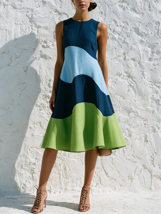 Wave Color Block Sleeveless A-Line Midi Dress – Blue & Green Modern Art Dress