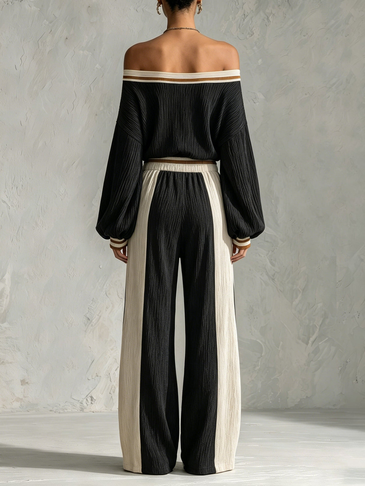 Women’s Off Shoulder Knit Two Piece Set – Elegant Long Sleeve Crop Top & Wide Leg Pants Lounge Outfit