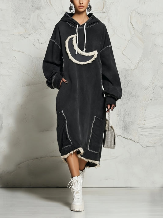 Women’s Oversized Hooded Hoodie Dress With Crescent Appliqué And Utility Pockets