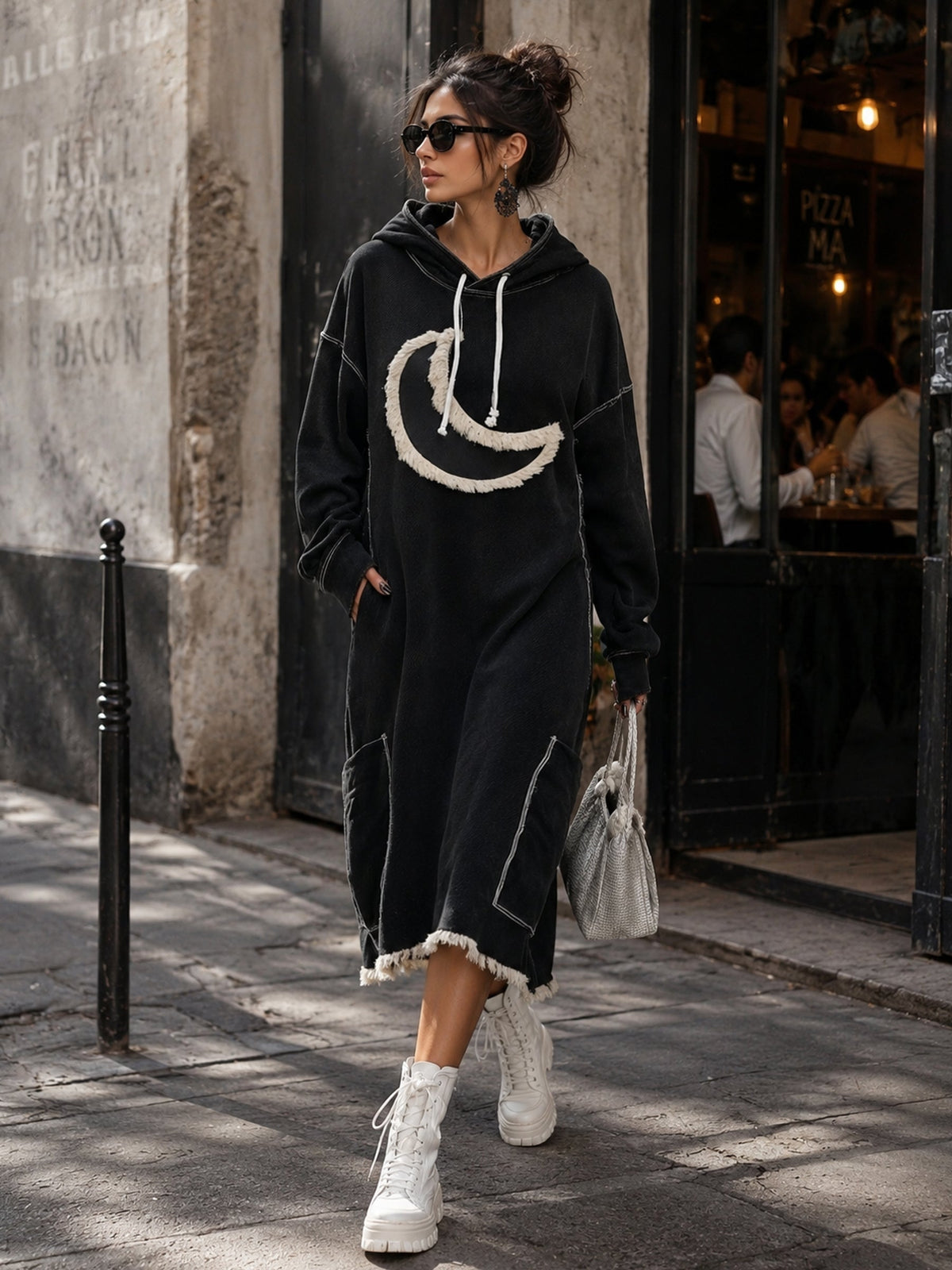 Women’s Oversized Hooded Hoodie Dress With Crescent Appliqué And Utility Pockets